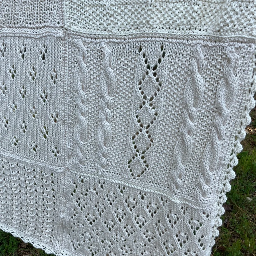 Handmade blanket with knitting sampler squares wool and acrylc throw natural